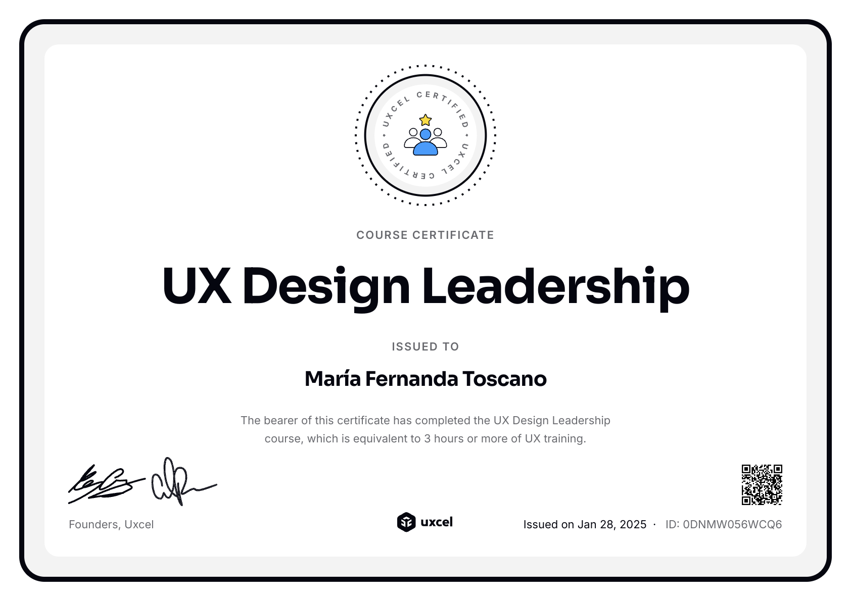 María Fernanda Toscano's certificate